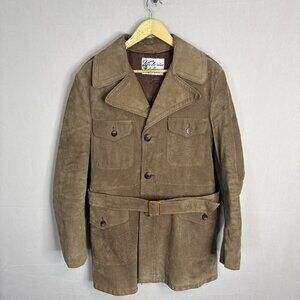 1970s Victoria Leather Suede Belted Safari Jacket Plaid Lined Canada